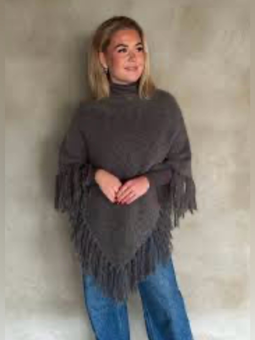 Vintage Style Turtleneck Fringe Poncho Sweater - Gray - NWOT